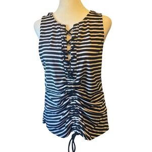 Torrid Womens Lace Up Ruched Striped Tank Top 1XL Black White Ribbed Fisherman